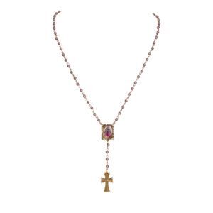 VIRGINS SAINTS & ANGELS VSA Retablo Guadalupe Rosary Necklace in Gold & Pink